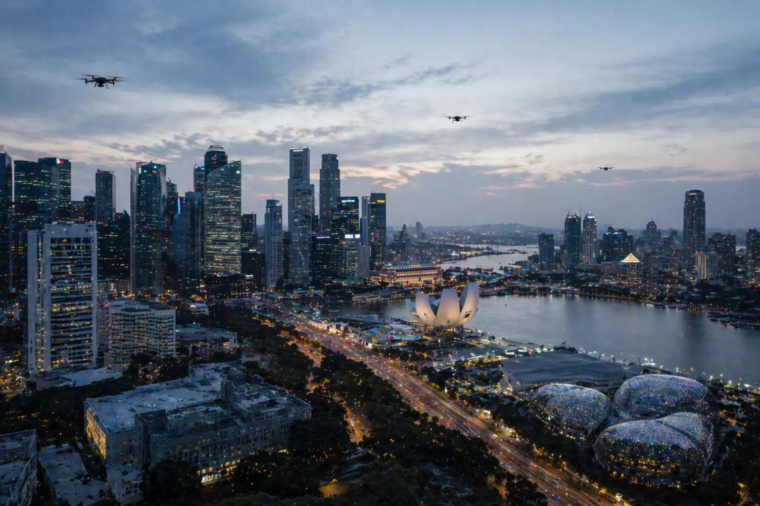 Singapore skyline with air traffic control infrastructure and drone operations in low-altitude airspace