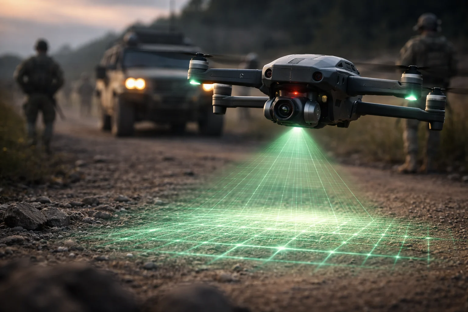 Small military drone flying over terrain during UK Army explosive ordnance detection trial in Essex