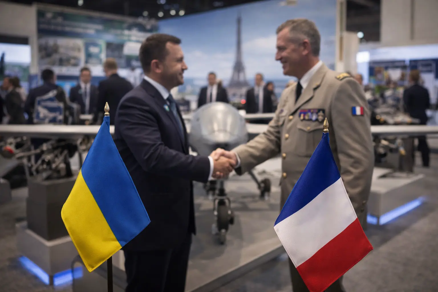 Ukrainian and French defense officials meeting at a Paris defense industry event