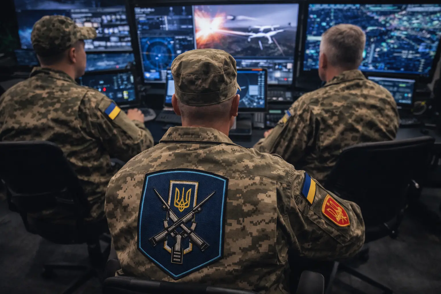 Ukrainian military drone operator at a field position with FPV interceptor drones ready for launch