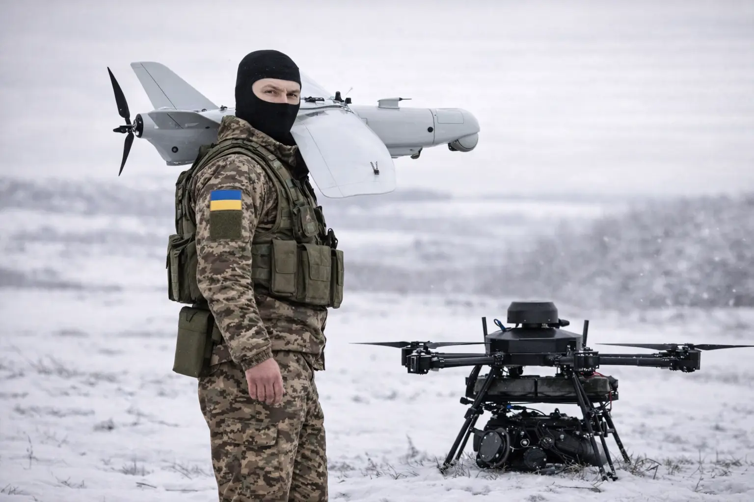 FPV drone operator in Ukraine with goggles and controller at a frontline position