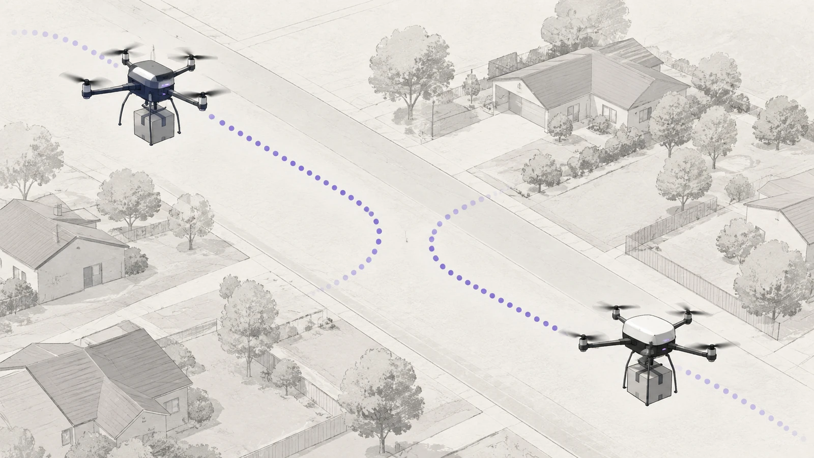 Two delivery drones on separate flight paths above a suburban street, each trailing a faint dotted route line that bends apart before the paths would cross