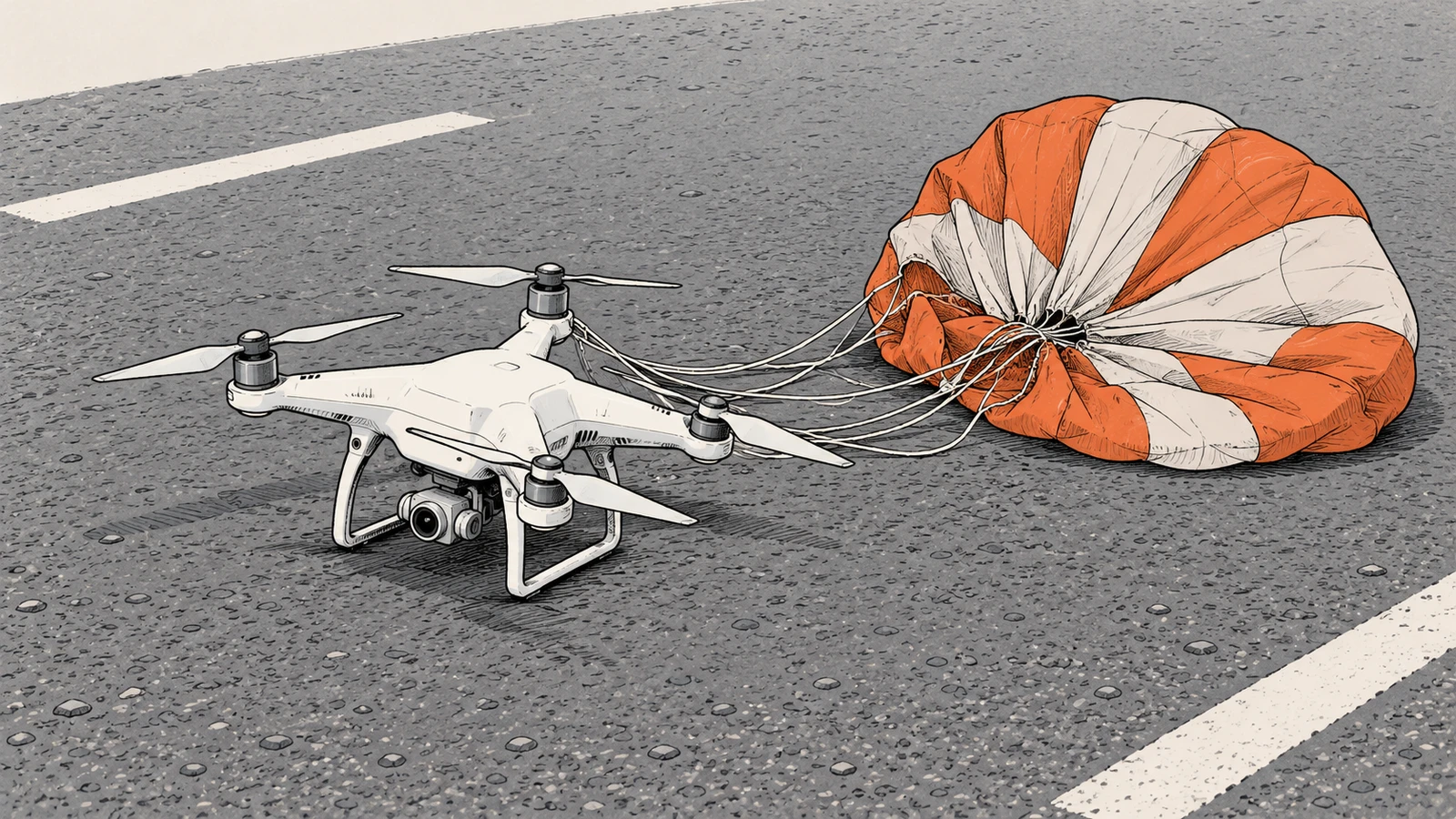 Illustration of a small white quadcopter standing on wet highway asphalt beside a collapsed orange and white parachute canopy, its lines still attached to the aircraft, with painted lane markings running past